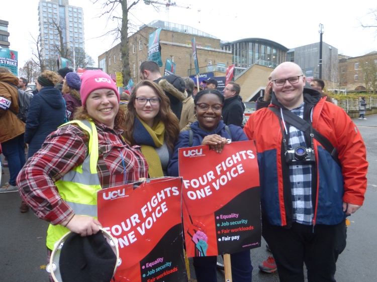 Emma on the University of Leicester picket line with three students